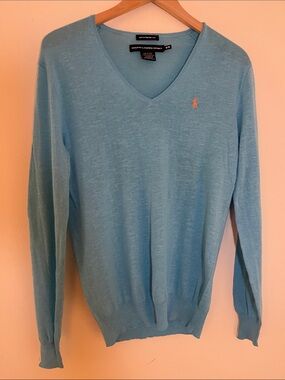 Ralph Lauren Sky Blue V-Neck Sweater with Orange Pony Boyfriend Fit M